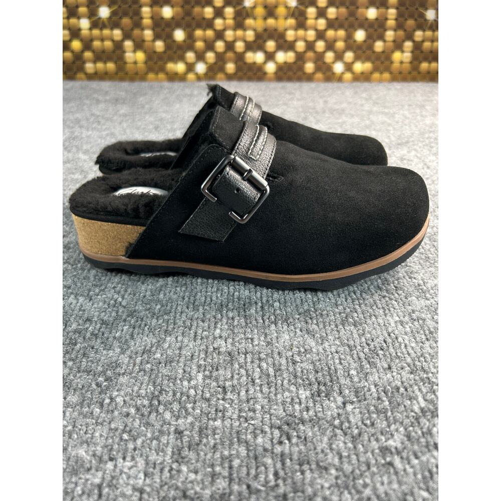 Clarks Brynn Black Suede Clogs WM Size 7 M Faux Fur Lined Buckle Mule Slippers - Picture 6 of 12